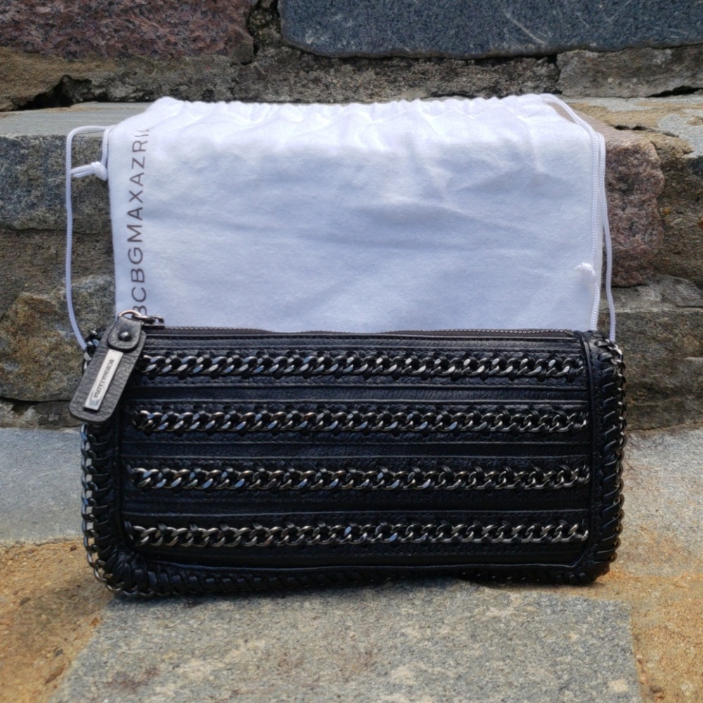 BCBGMaxAzria Black Leather Clutch w/ Chain Detail